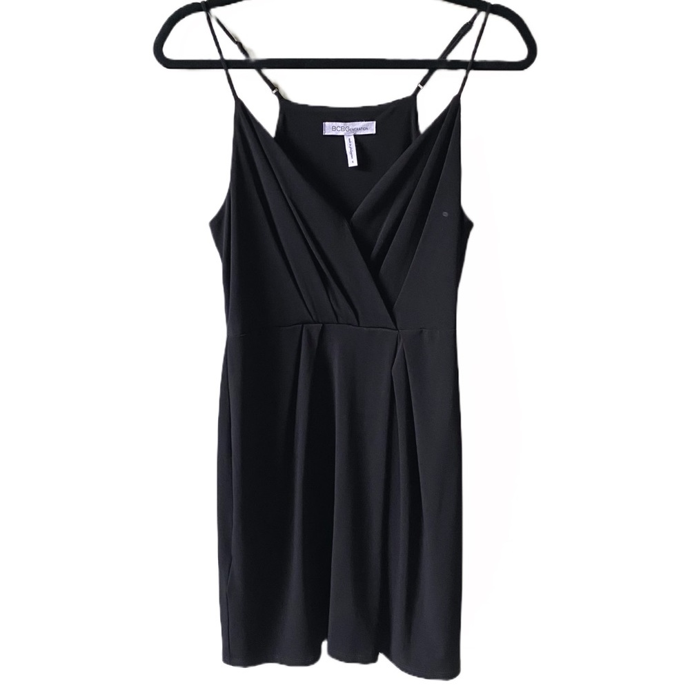 BCBGeneration LBD mini draped v-neck sleeveless spaghetti strap cocktail dress